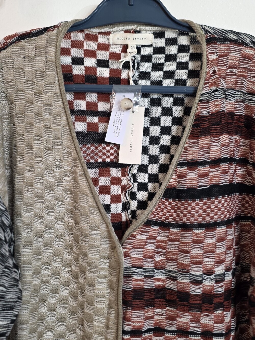 Gilded Intent XL Patchwork Checkered Knit Cardigan Sweater Rust Black Boho - Picture 4 of 16